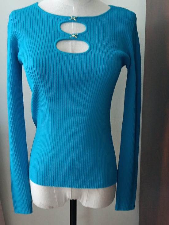 INC International Concepts Tops - INC International Concepts Teal Ribbed Long Sleeve Top with Keyhole Accent